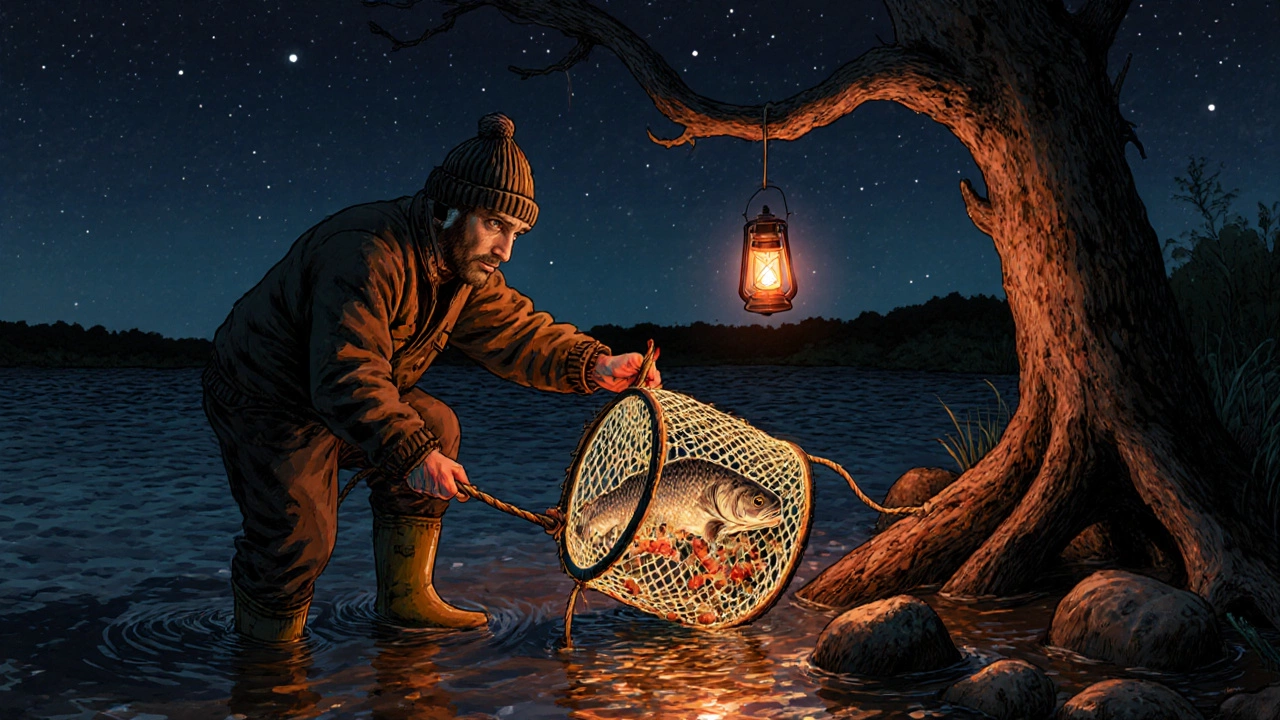 Цилиндрическая сетевая ловушка 'бочка' на Волге, освещённая фонарём ночью.