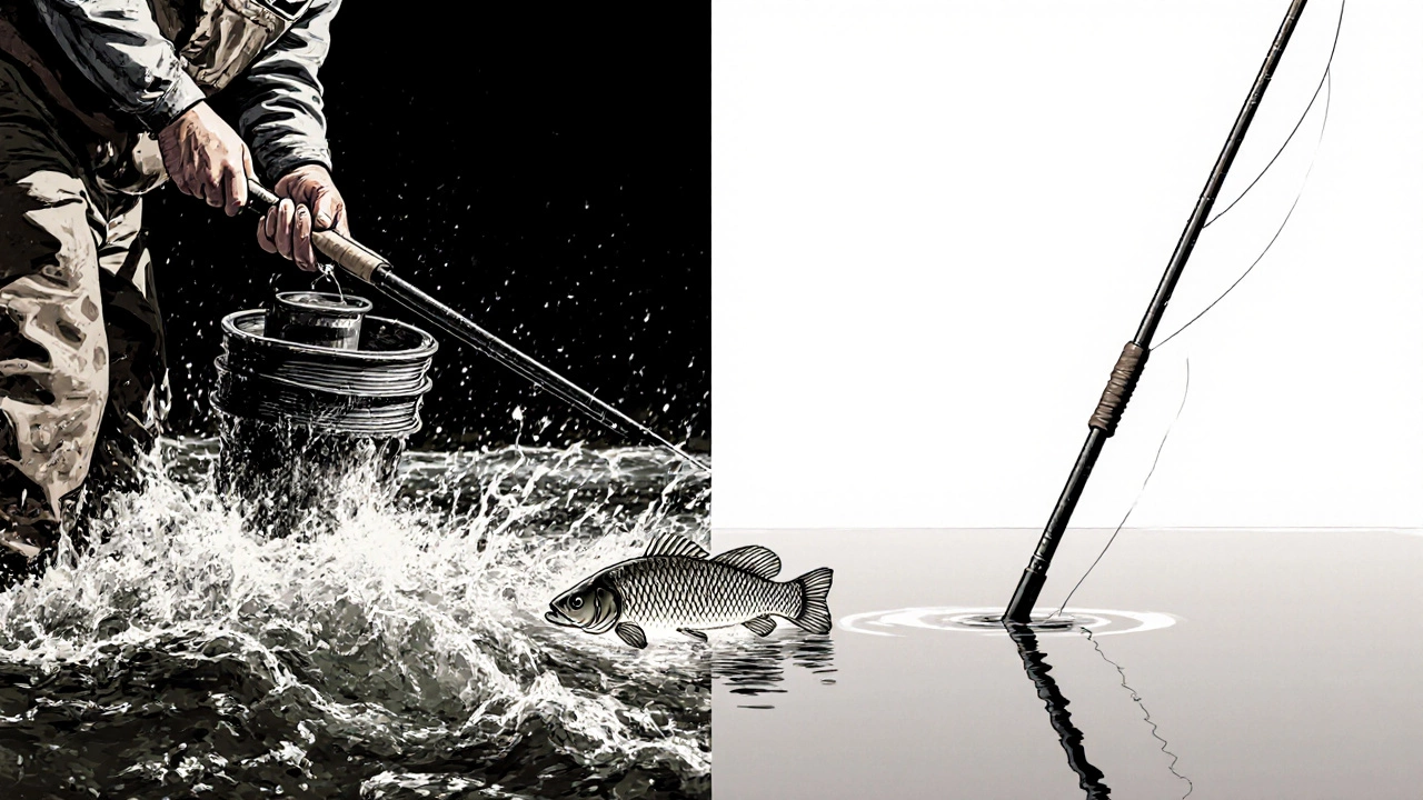 Двухчастная иллюстрация: мощный фидер против течения и тонкий пикер в спокойной воде.