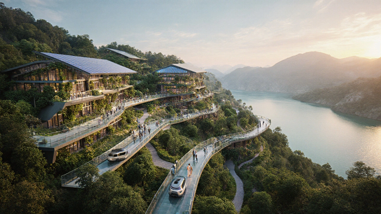 Экологичный туристический курорт будущего среди зелёных холмов