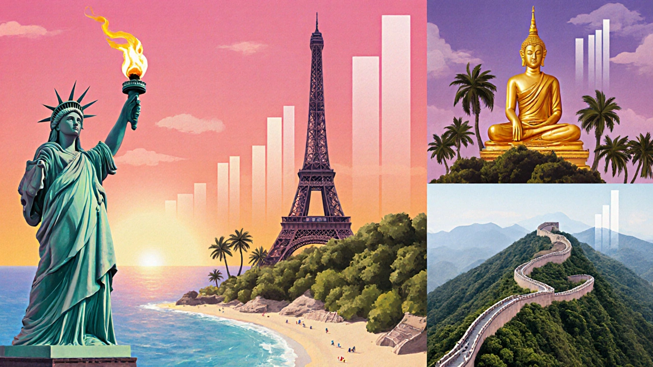 Коллаж известных достопримечательностей США, Франции, Испании, Таиланда и Китая