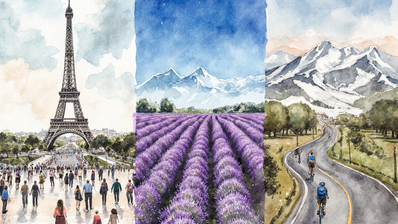 Панорама Франции: Эйфелева башня, лавандовые поля и Альпы в одном пейзаже.
