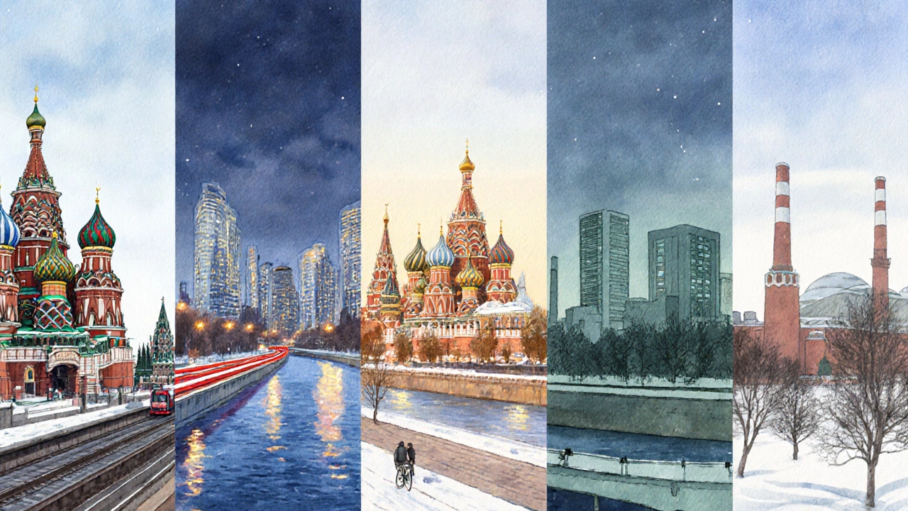 Пять силуэтов русских городов с характерными достопримечательностями, отражающих их особенности.