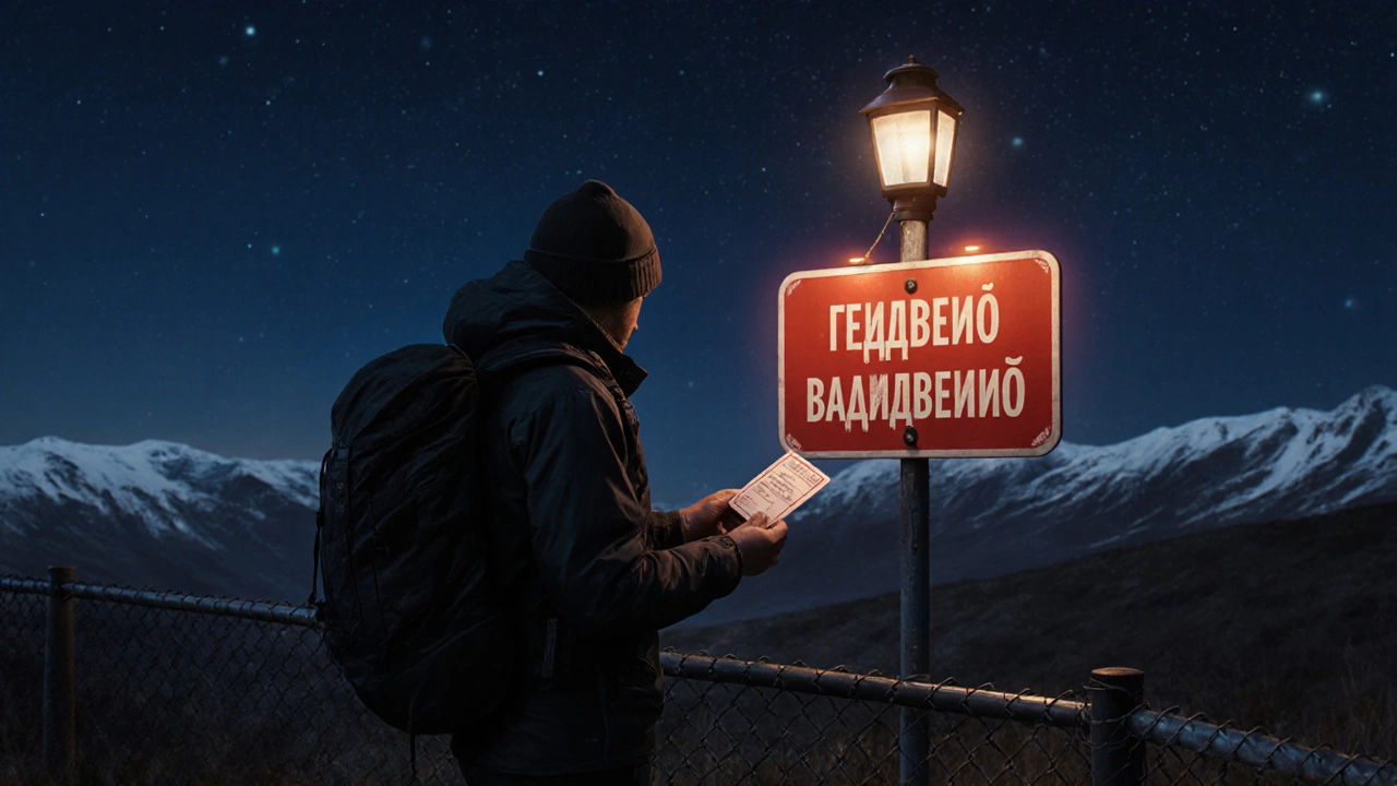 Пешеход у ограждения с запрещающим знаком, держит разрешение.