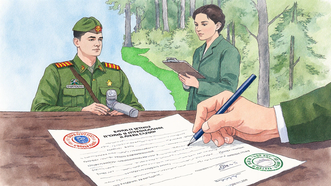 Рука подписывает разрешение на вырубку рядом с лесным экспертом.