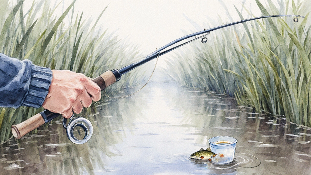 Рыбак с пикером в тумане над спокойной речкой, кивок слегка дрожит.