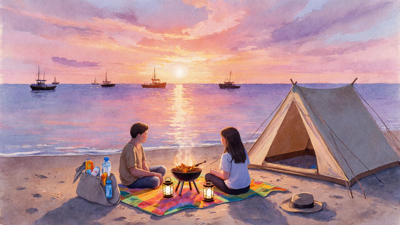 Семья наслаждается закатом и пикником на пляже Азовского моря.