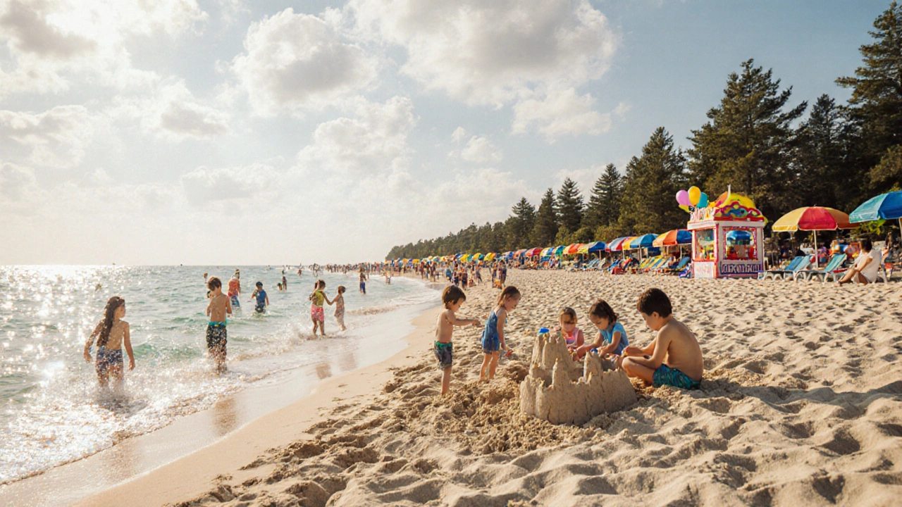 Семья отдыхает на пляже Анапы: дети играют в песке и в спокойной воде.