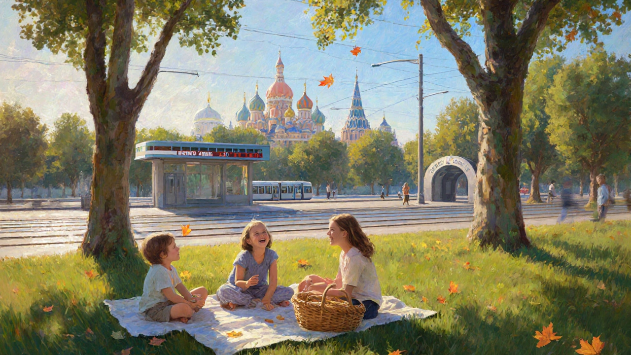 Семья отдыхает в парке Казани под солнечным небом, рядом современный транспорт и зеленые зоны.