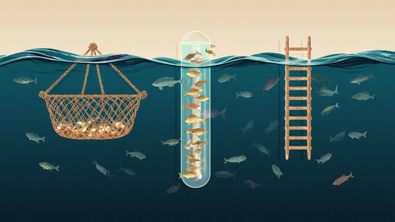 Три вида рыболовных ловушек в подводной перспективе с рыбой, входящей в них.