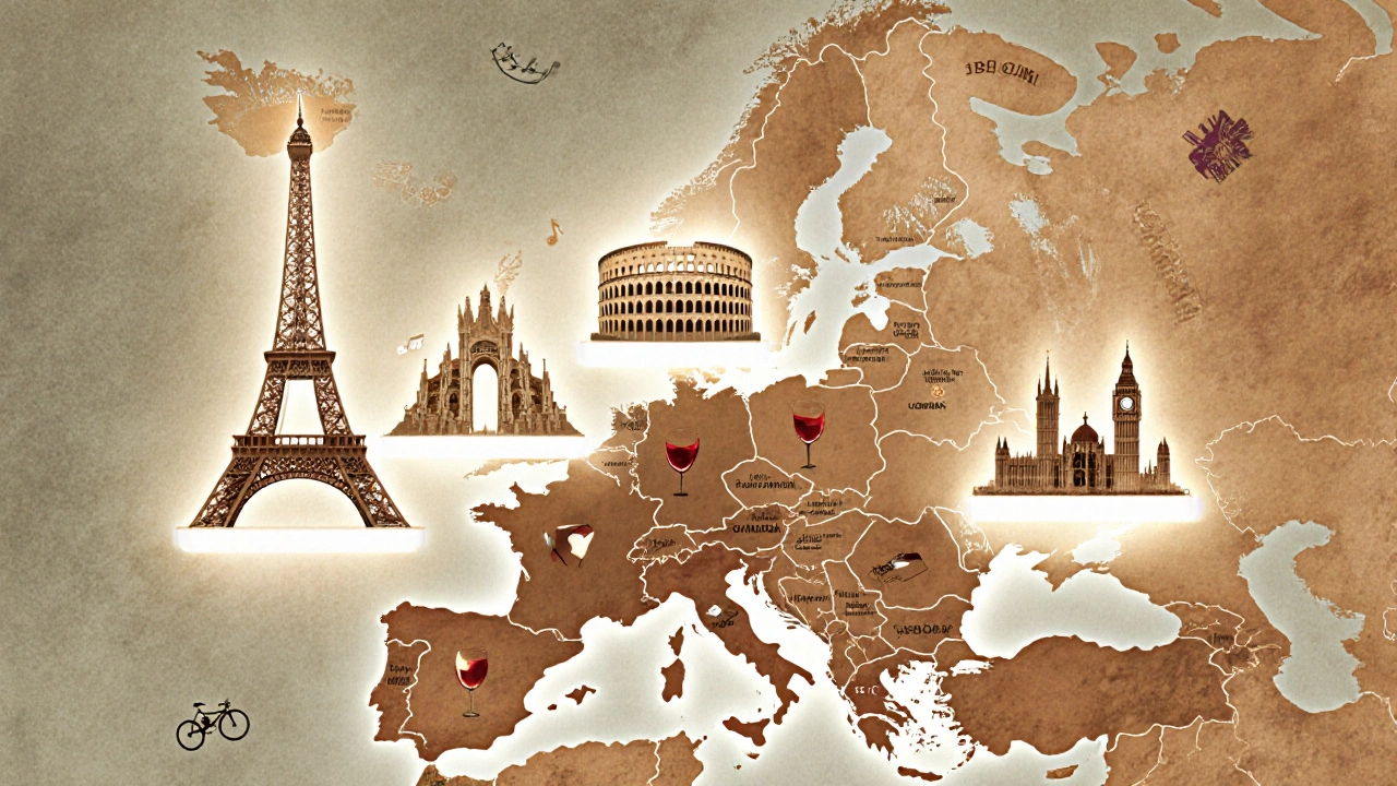 Винтажная карта Европы с пятью главными туристическими достопримечательностями.