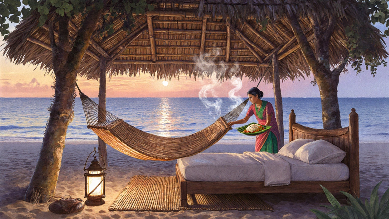 Бамбуковая хижина на пляже Ломбока с гамаком и тарелкой местной еды на листе банана.