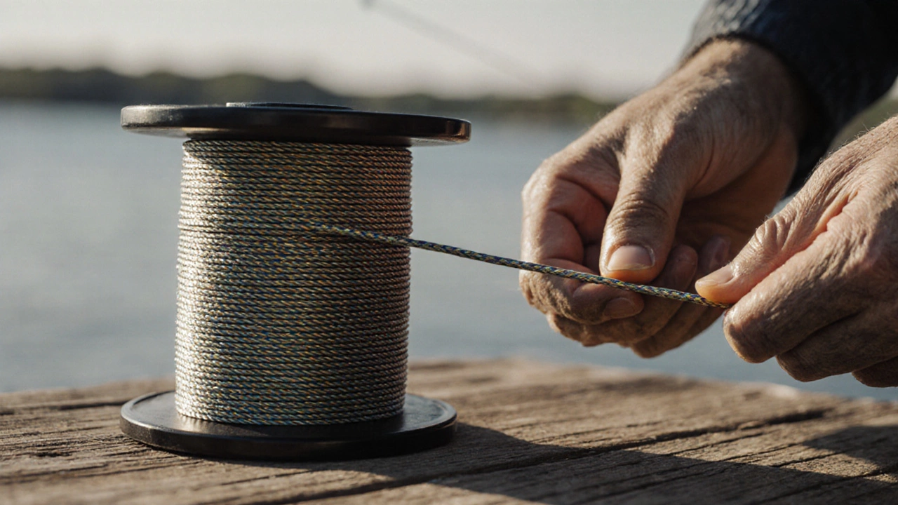 Близкий план катушки с ровно намотанной плетеной леской, руки держат леску, проверяя жесткость.