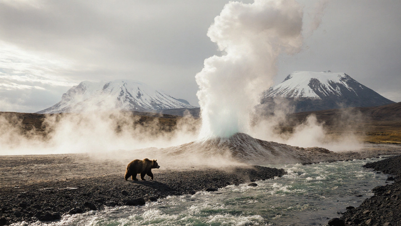 Долина гейзеров на Камчатке с парящим паром, золотыми реками и медведем, идущим по берегу в тишине природы.