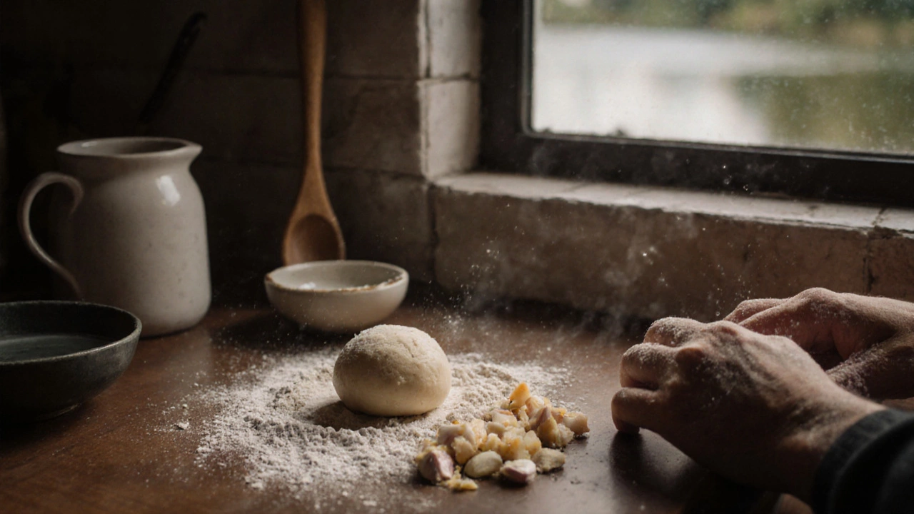 Домашняя наживка для карпа: тесто с чесноком на кухонной стойке.