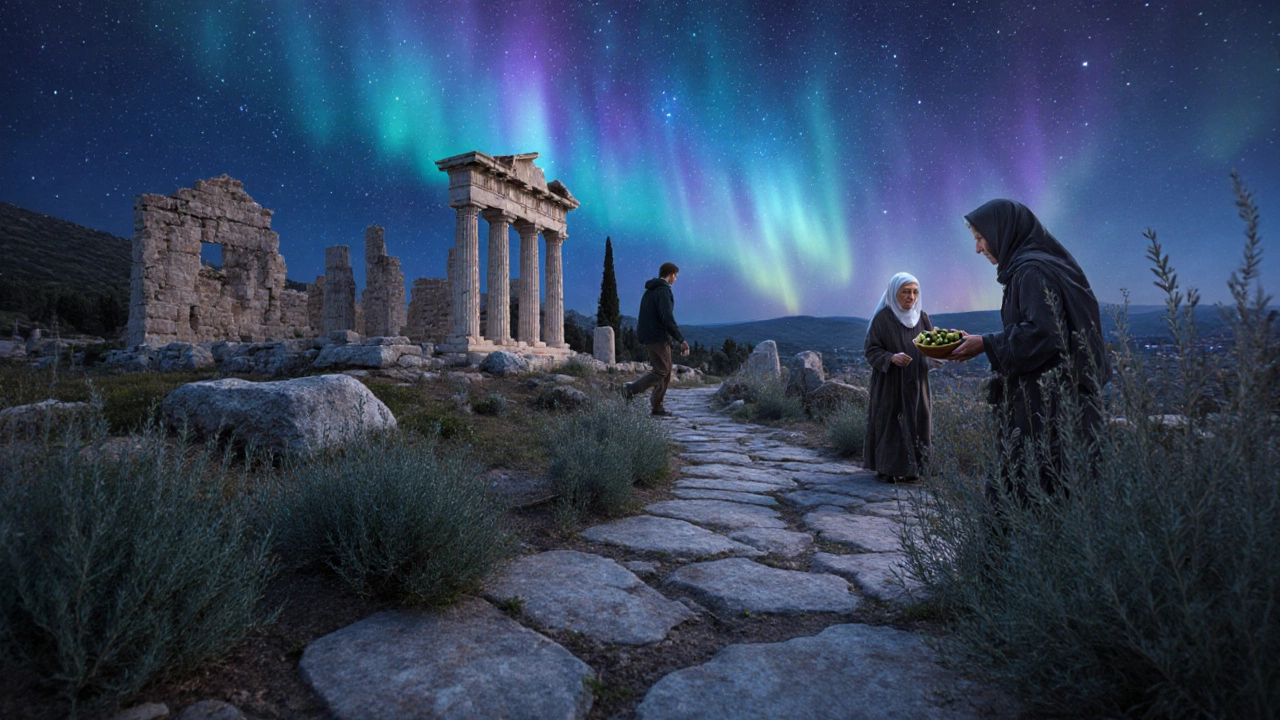 Древняя тропа в Греции: турист идёт мимо руин, старушка предлагает оливки.