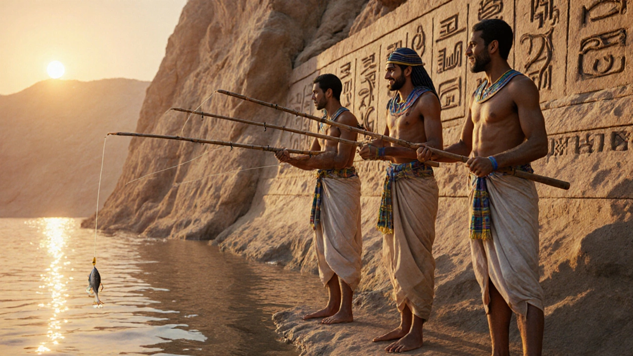 Египетские рыбаки ловят рыбу на Ниле с деревянными удочками, рыба уже на крючке.