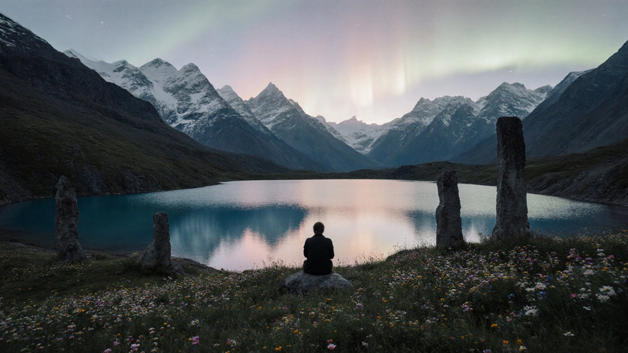 Голубое озеро в Алтае на высоте 2000 метров, с отражением гор и древними каменными стелами, один человек сидит в тишине.