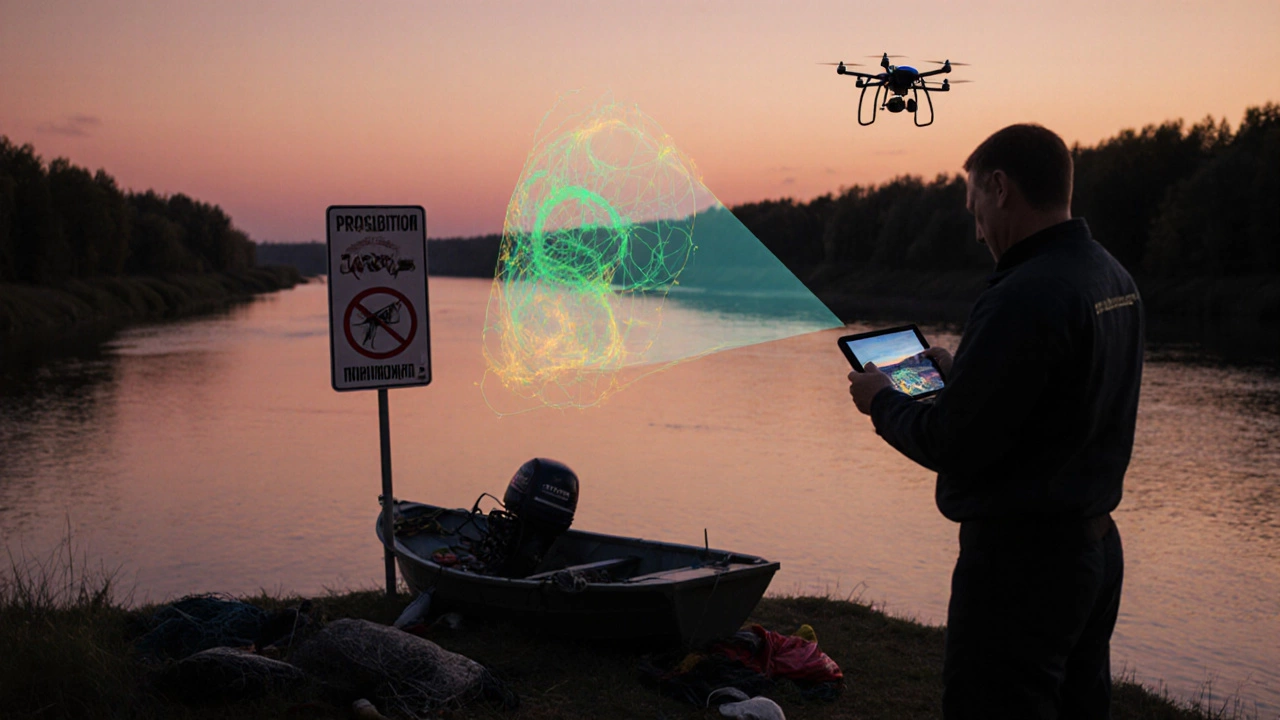 Инспектор использует тепловизионный дрон для обнаружения нелегальных сетей на реке Кама.