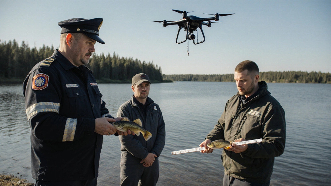 Инспектор рыбнадзора проверяет улов с помощью измерительной линейки на берегу озера.