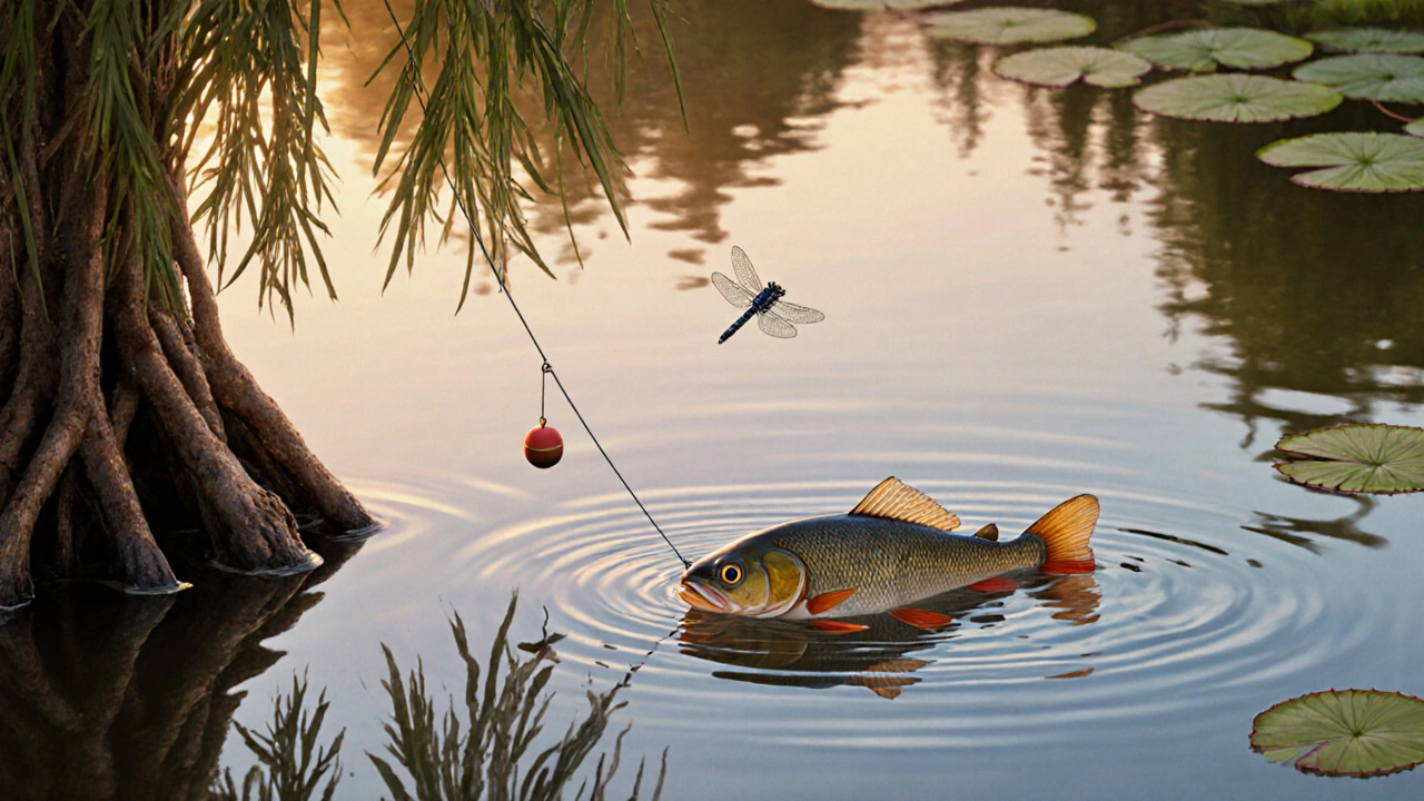 Летний пруд, живец у коряг, стальной поводок, золотой свет, спокойная вода.
