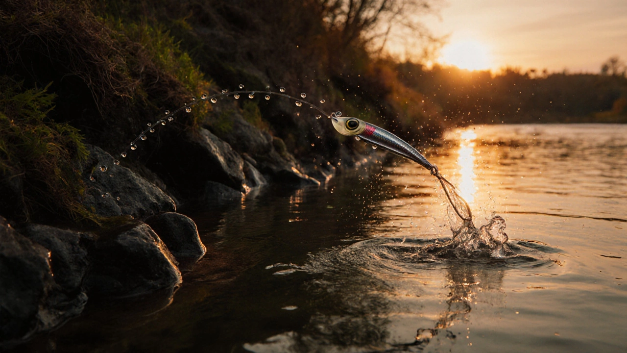 Осеннее озеро, колеблющаяся блесна в воде, тень щуки под поверхностью, закат.