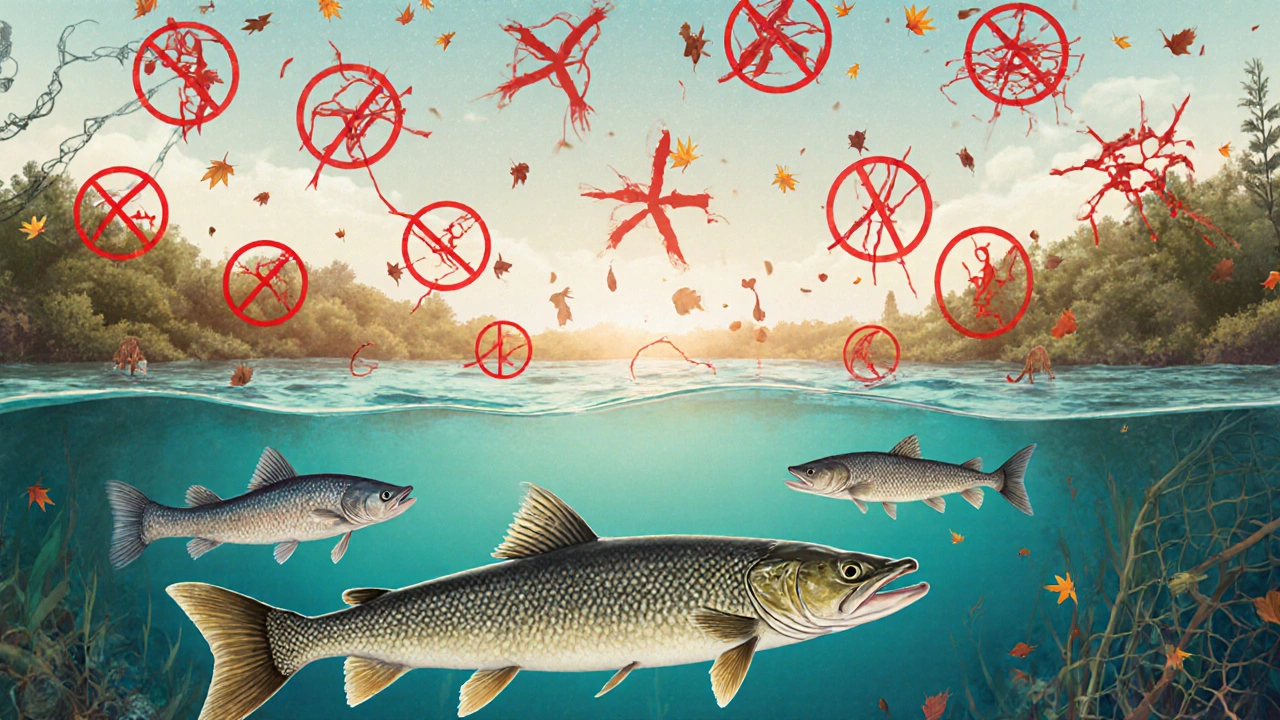 Подводная сцена с крупной рыбой и символическими запрещающими знаками над мелкой.