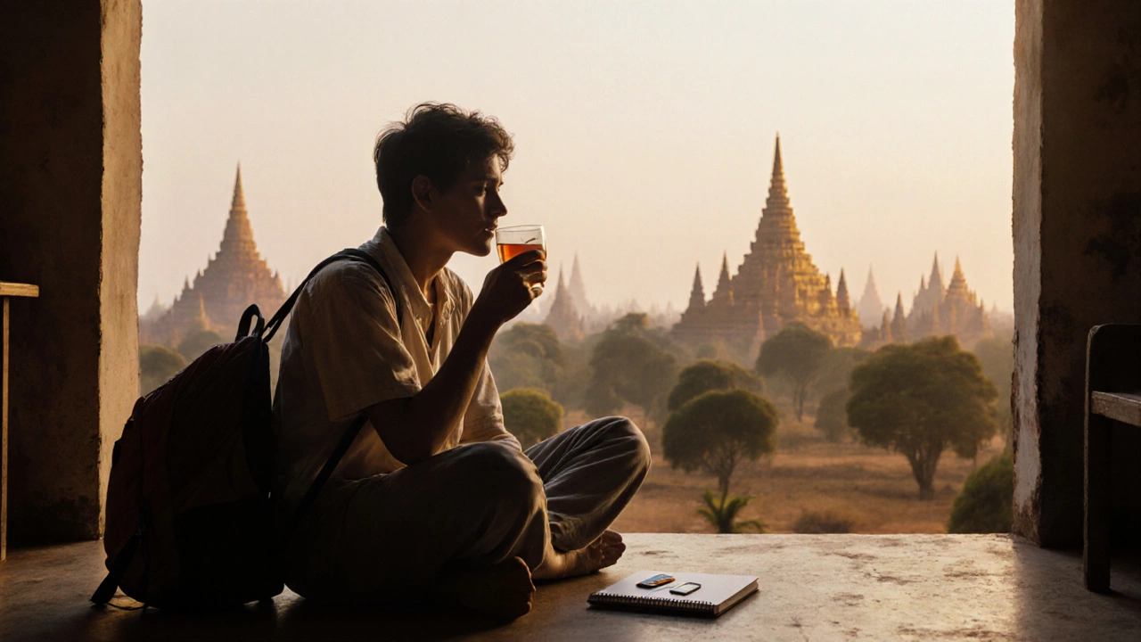 Путешественник пьет чай в гостевом доме в Багане, за окном — древние храмы на рассвете.