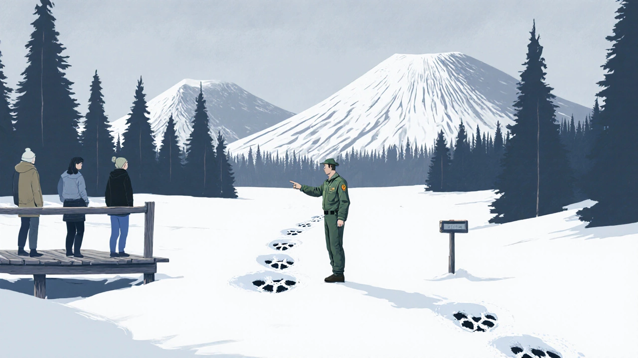 Рейнджер показывает следы животного в снегу, посетители наблюдают с платформы, не вмешиваясь в природу.