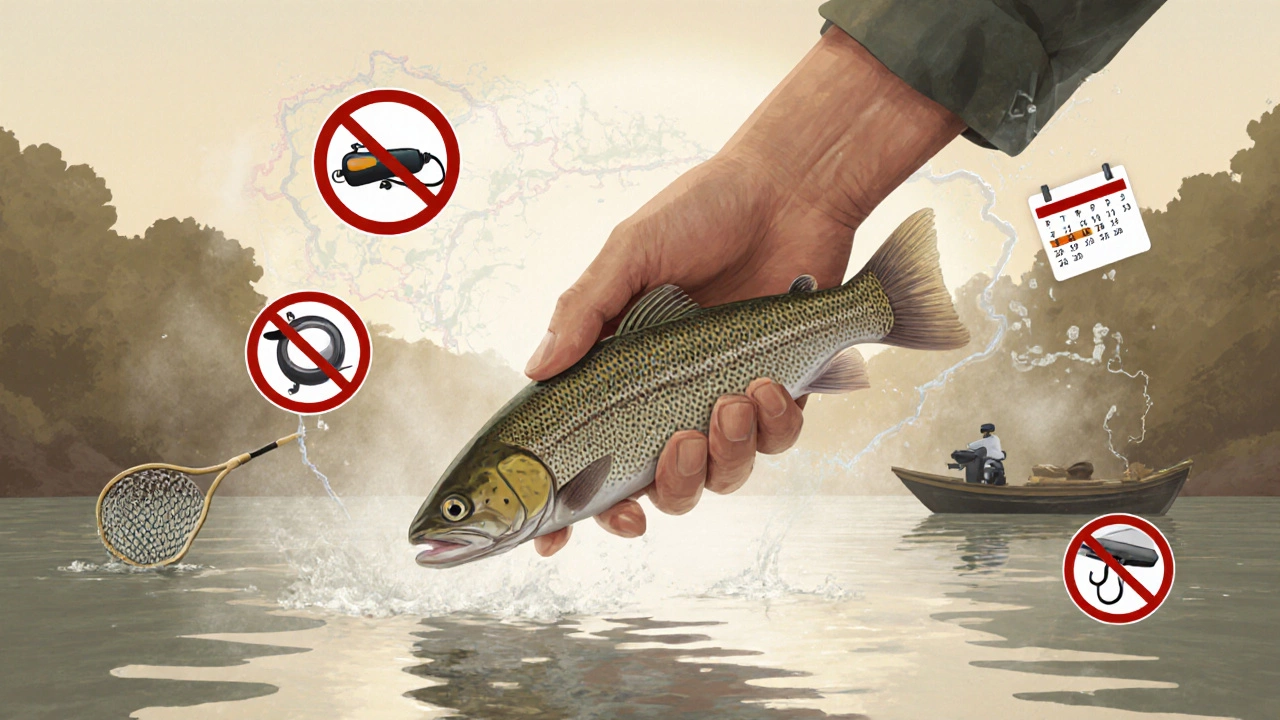 Рука выпускает стерлядь обратно в реку, вокруг растворяются запрещённые орудия лова.