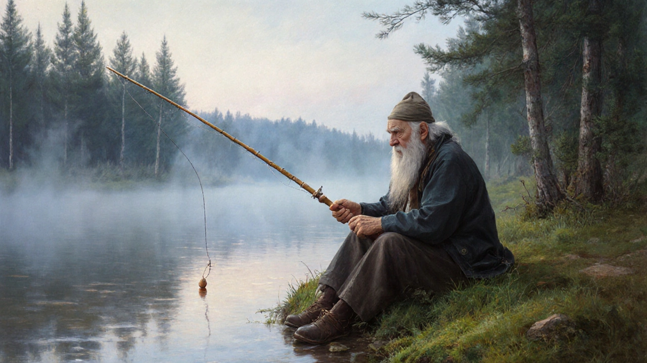 Русский старец с бамбуковой удочкой и деревянным поплавком на берегу реки у рассвета.