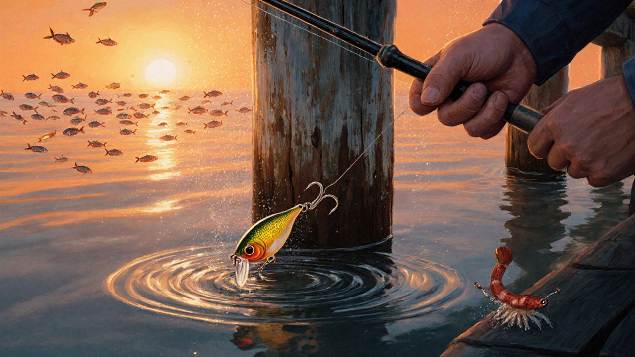 Рыбак использует силиконовую приманку у морского пирса на закате, вода отражает тёплые тона.