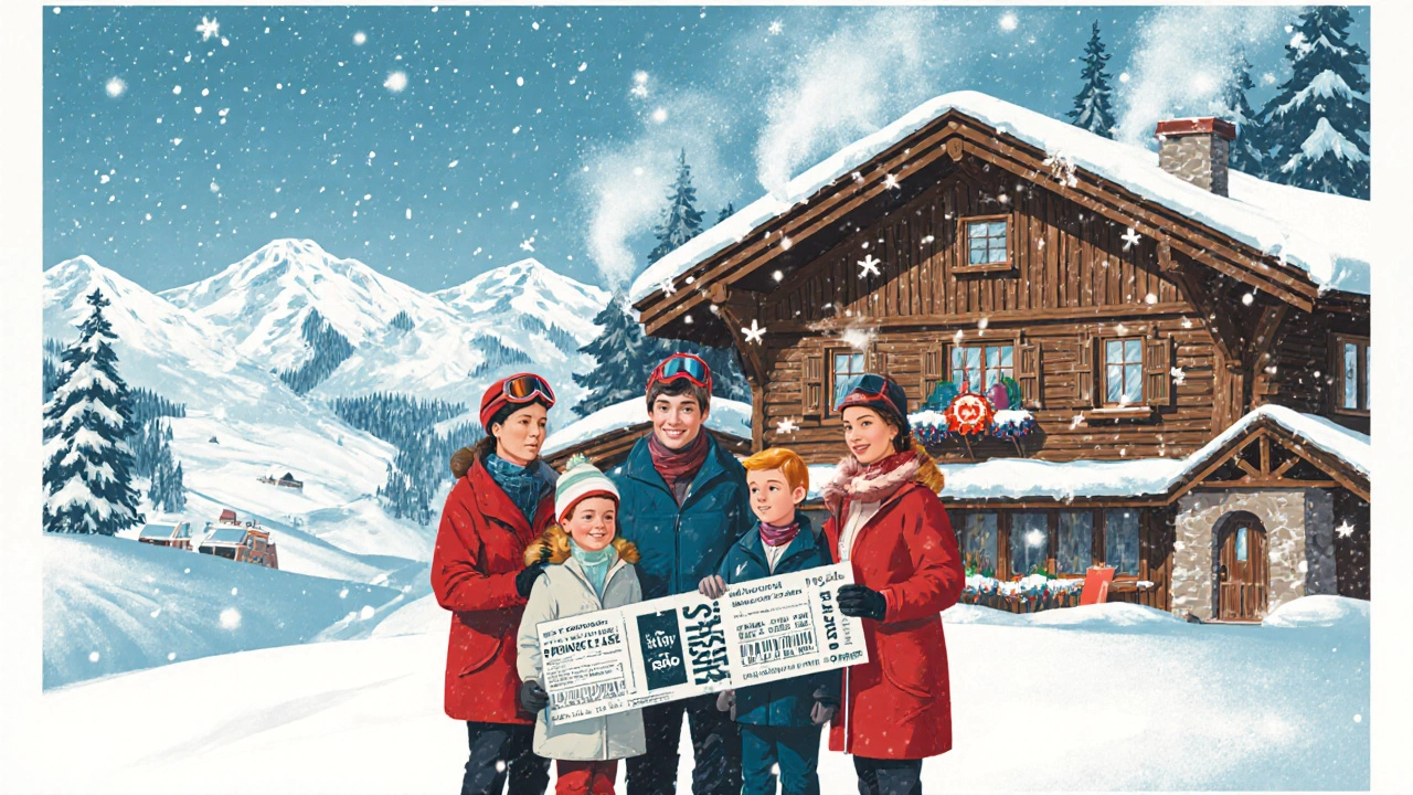 Семья с пропуском на три долины во Франции, фон — альпийский курорт.