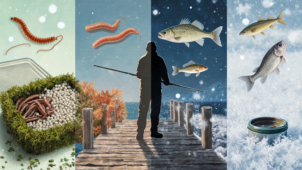 Сезонные наживки на пирсе: червь, креветка, мотыль и малёк, изображённые в четырёх панелях.