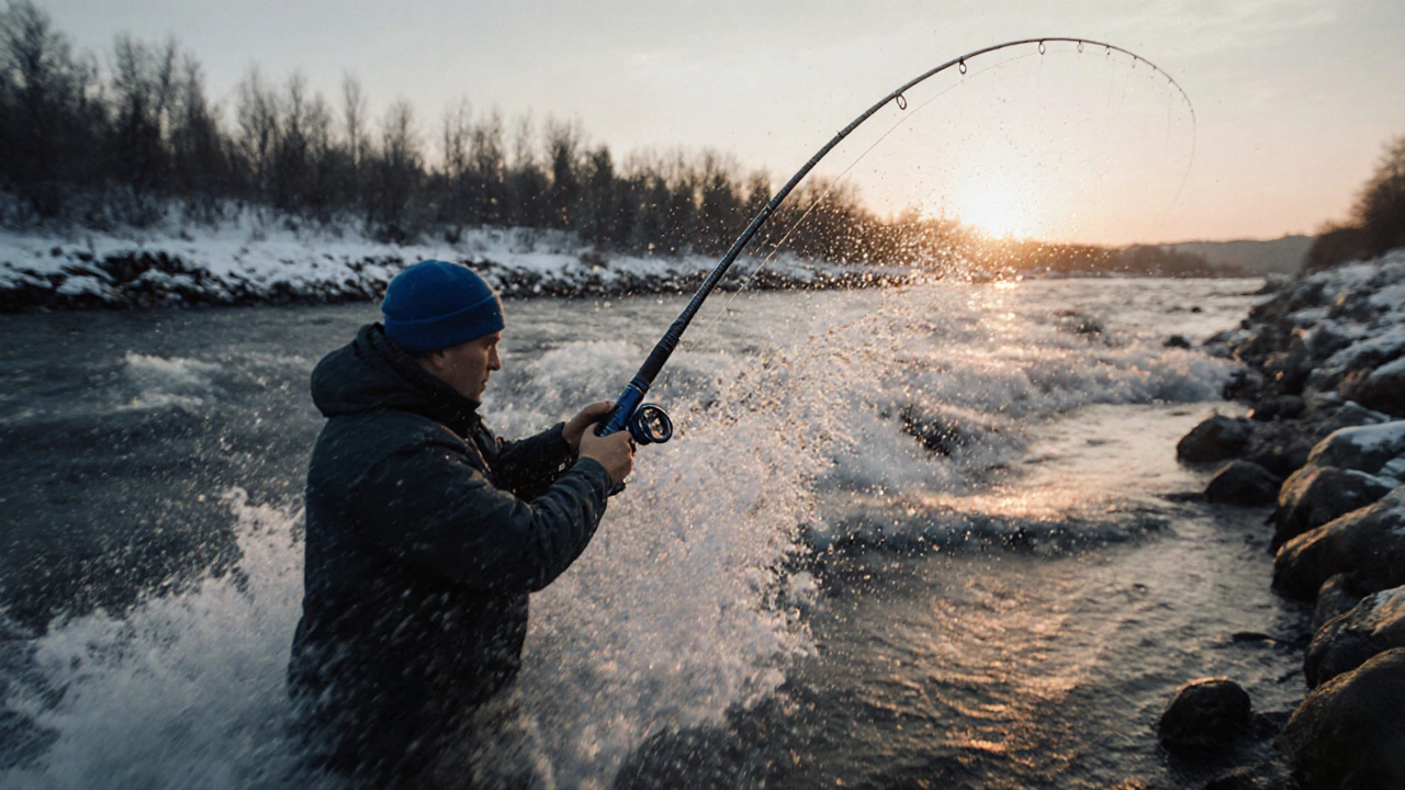 Современная углепластиковая удочка в движении над бурной рекой.