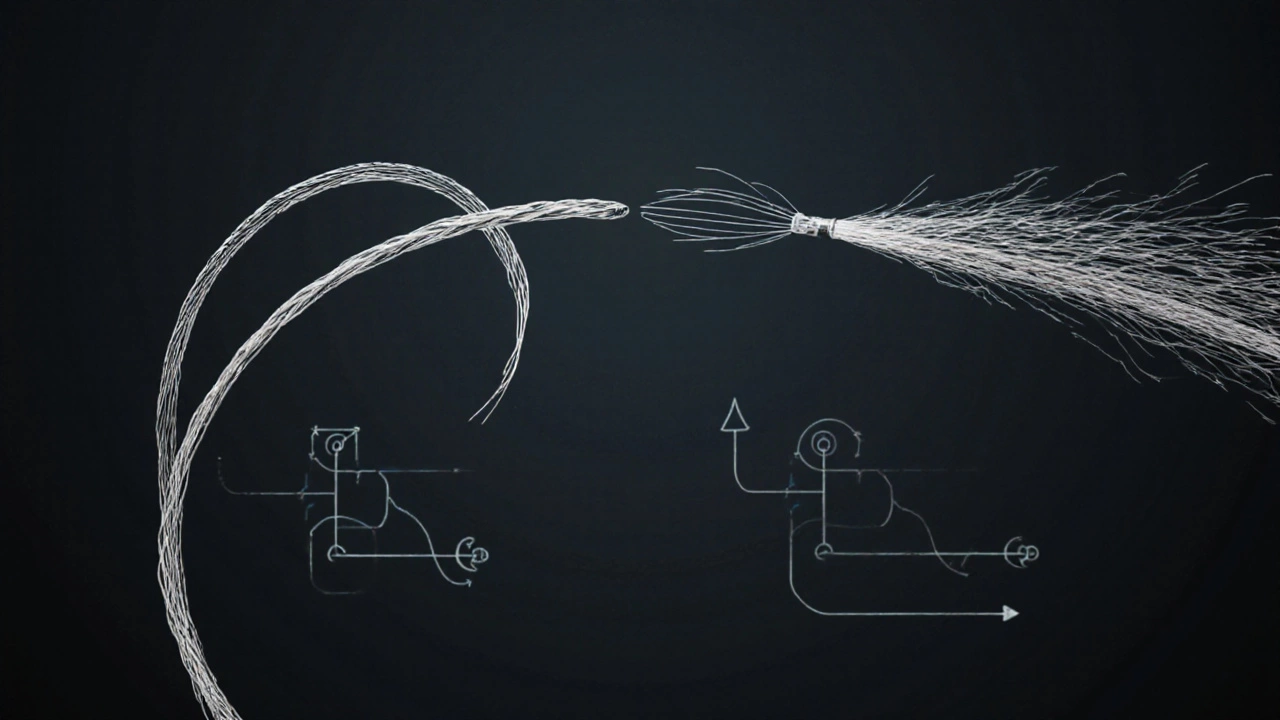 Сравнение плетеной и монофиламентной лесок в полете: одна летит прямо, другая искривляется.