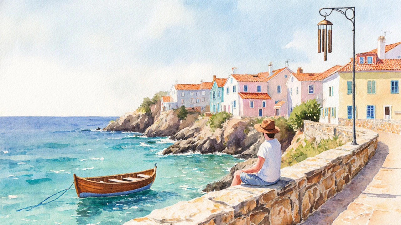 Тихий пляж в Алгарве, Португалия: одинокий путешественник на камне над морем.