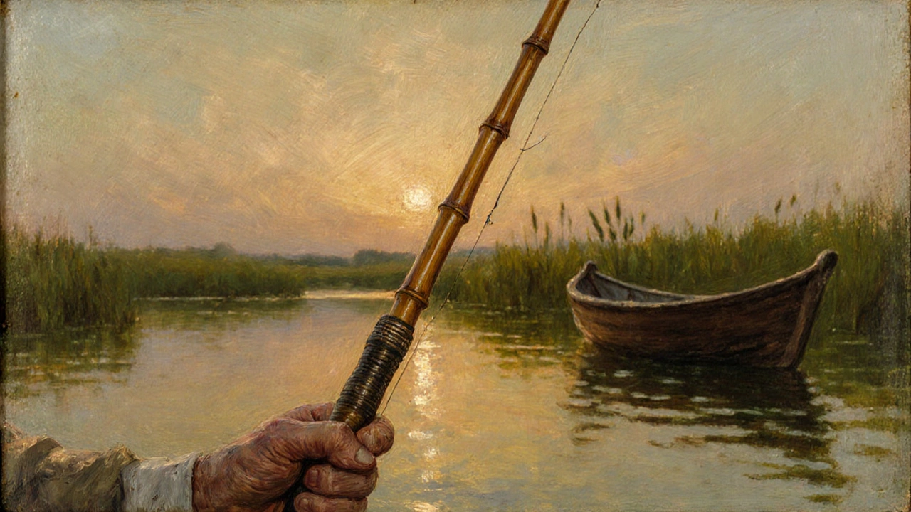 Винтажная бамбуковая удочка на тихом озере при закате.