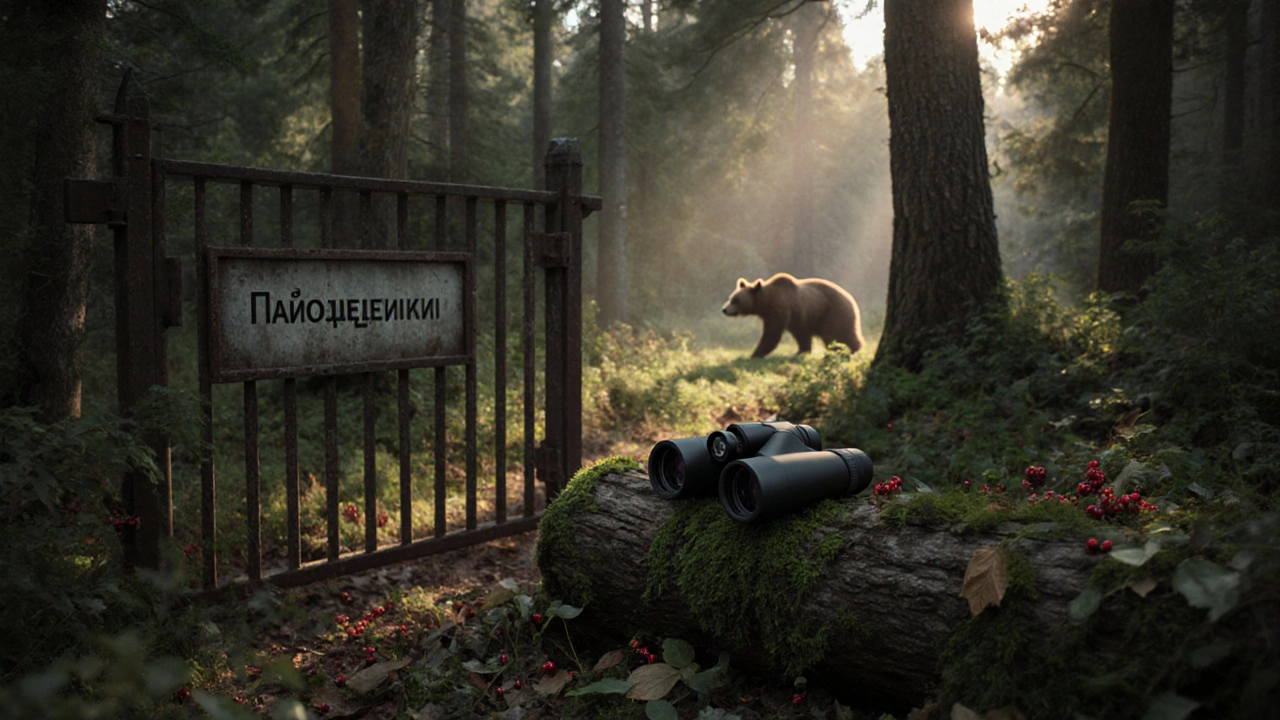 Закрытые ворота заповедника и бинокль на мху, направленные на медведя в дикой тайге, без людей рядом.
