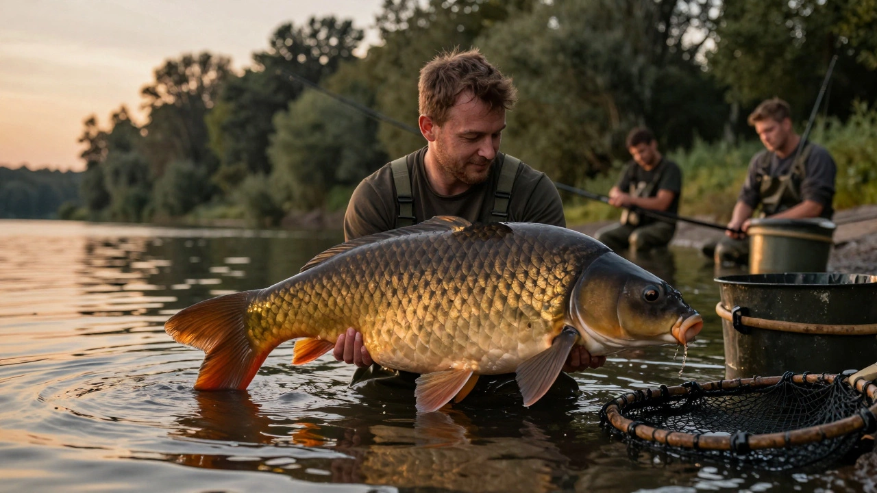 Гигантский карп весом 30 кг в реке Висла в Польше перед выпуском в воду.