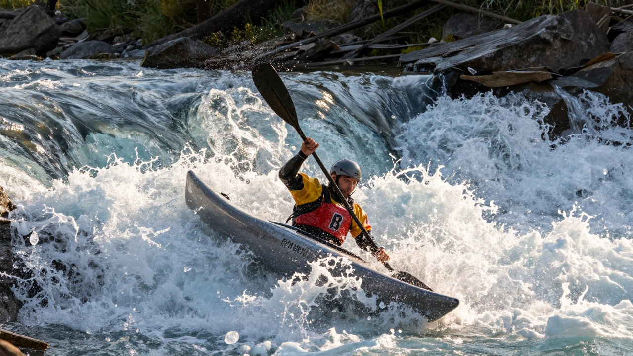 Каякер проходит через водопад пятого класса сложности, вода брызжет вокруг лодки.