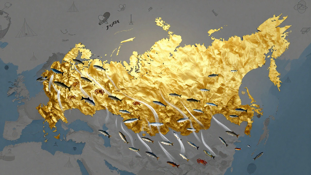 Карта России: Дальний Восток светится золотом, от него тянутся потоки рыбы к мировым рынкам.