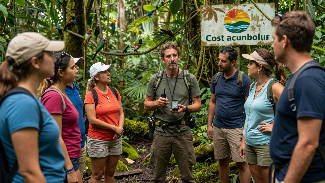 Коста-риканский гид в джунглях с GPS-устройством, ведущий группу туристов по тропе.