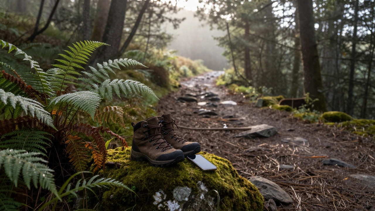 Кроссовки на камне рядом с выключенным телефоном в лесу Урала, утренний свет
