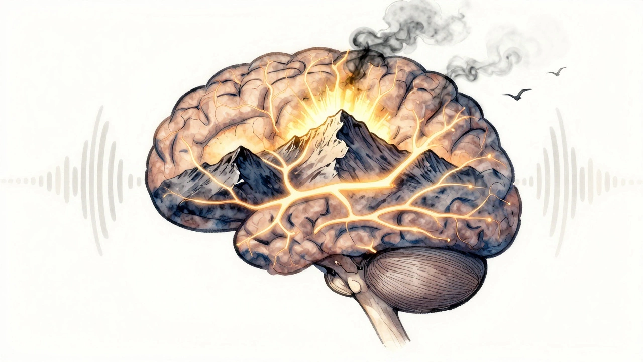 Мозг с горами вместо нейронов, тёмный дым уходит, золотой свет поднимается