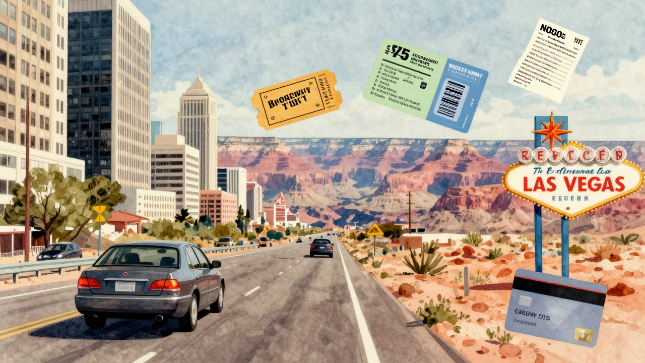 Панорама американского путешествия: город, пустыня, казино и национальный парк.