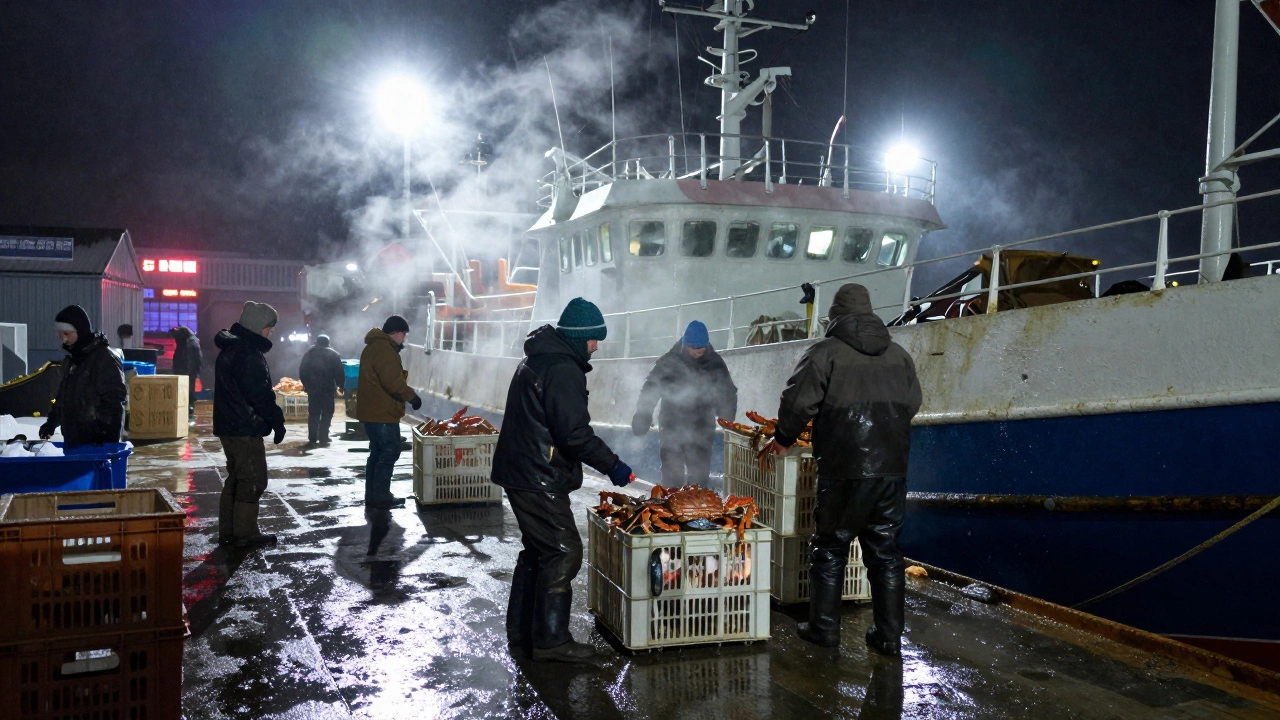 Рабочие выгружают крабов и лосося в порту Петропавловск-Камчатский ночью под фонарями.