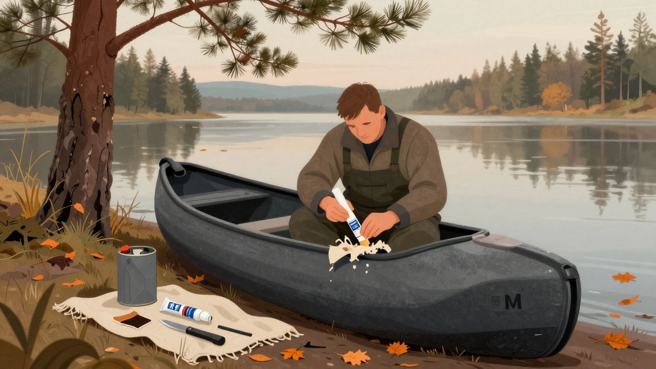 Рыбак чинит резиновую лодку на берегу реки с клеем и заплаткой.