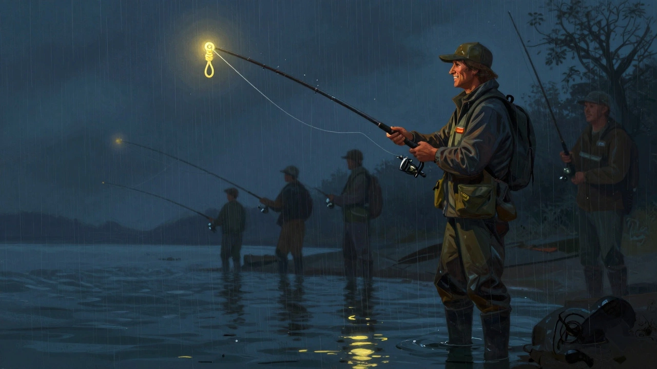 Рыбак в дождь с светящимся узлом Гриннер, за ним другие теряют рыбу, он — уверен и неподвижен.