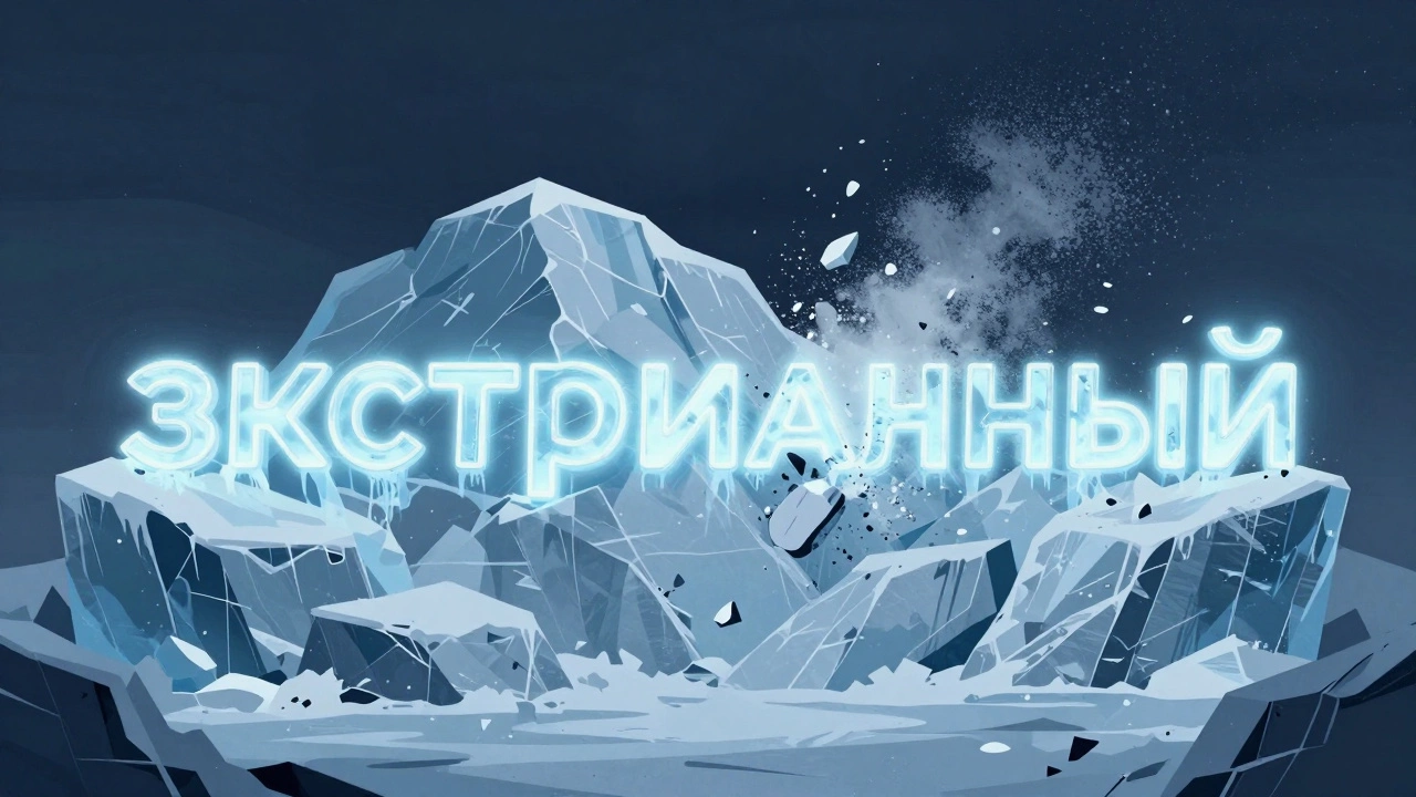 Слово 'экстремальный' вырезано в льду и камне, а неправильное написание разрушается.
