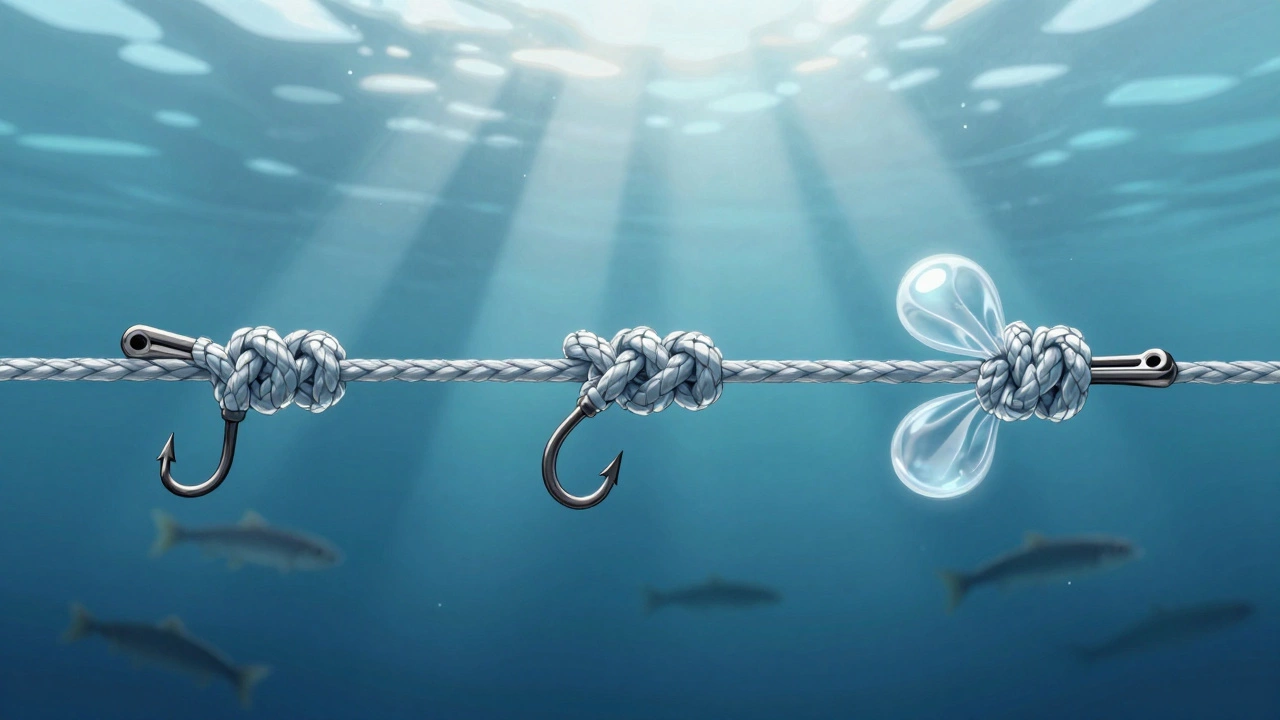 Сравнение узлов на леске: Гриннер компактен, Клинч и Паломар — громоздки, под водой солнечные блики.